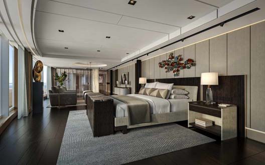 La cama de la Skyview Regent Suite creada exclusivamente por Flou